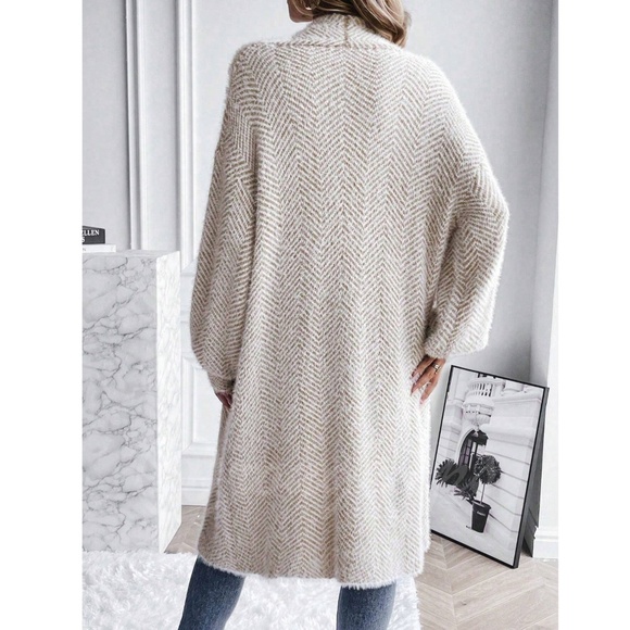 Fuzzy Chevron Beige White Open Cardigan Long Bishop Sleeve Soft - Picture 4 of 9